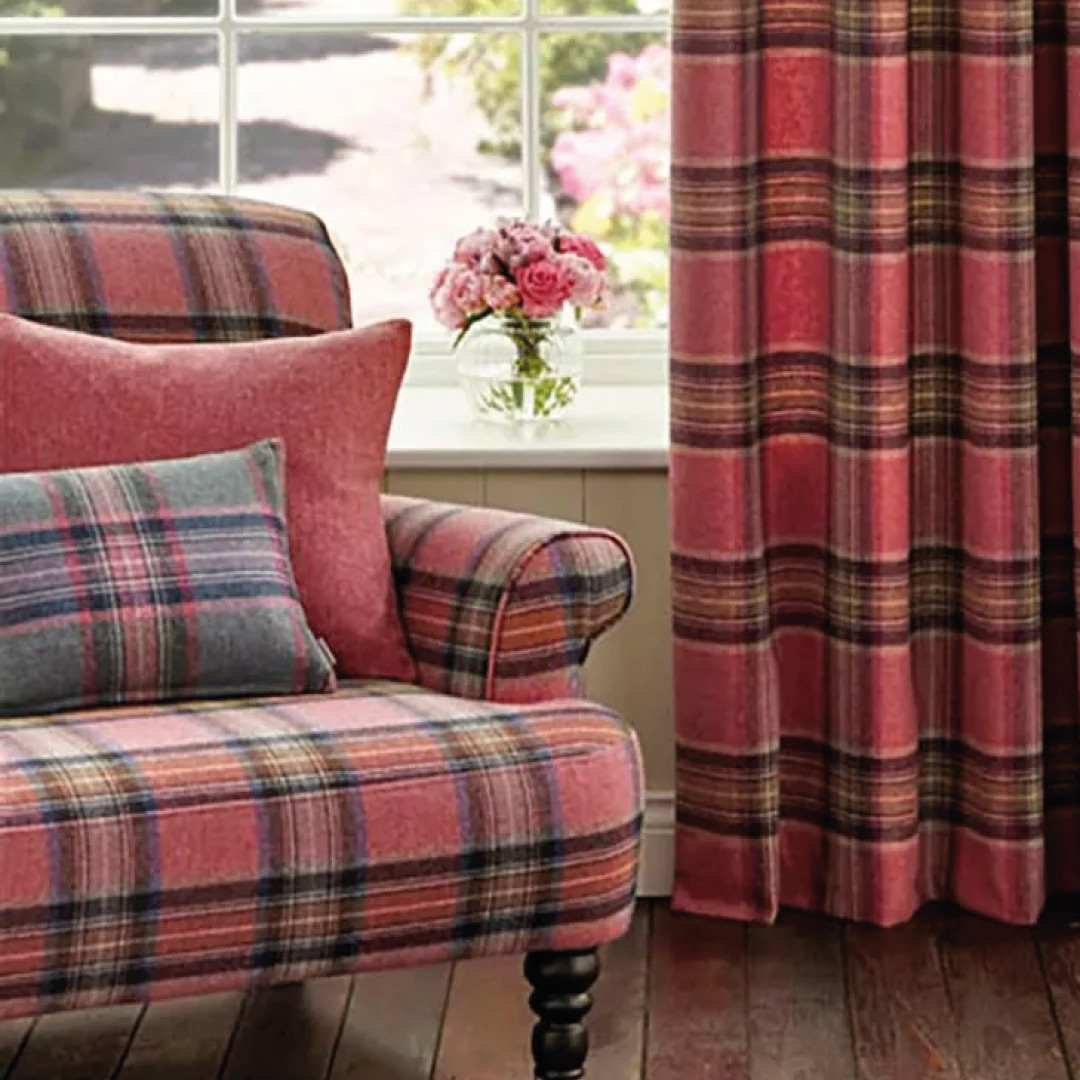 red tweed curtain, chair and cushion 
